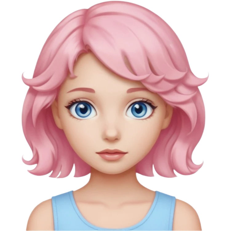a girl with blue eyes, short pastel pink wavy hair, natural clean girl makeup emoji
