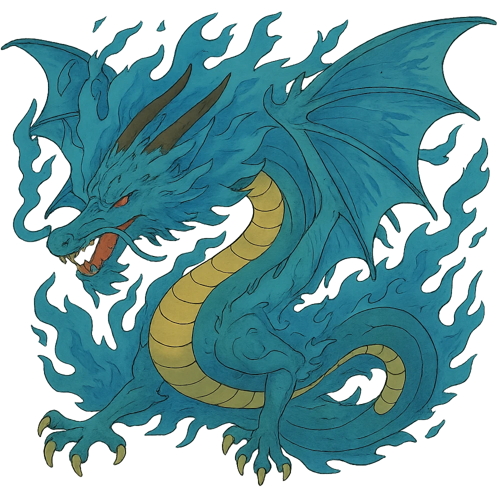 Add large, detailed wings to this fiery blue dragon, keep the style consistent with the original image, and remove the background. emoji