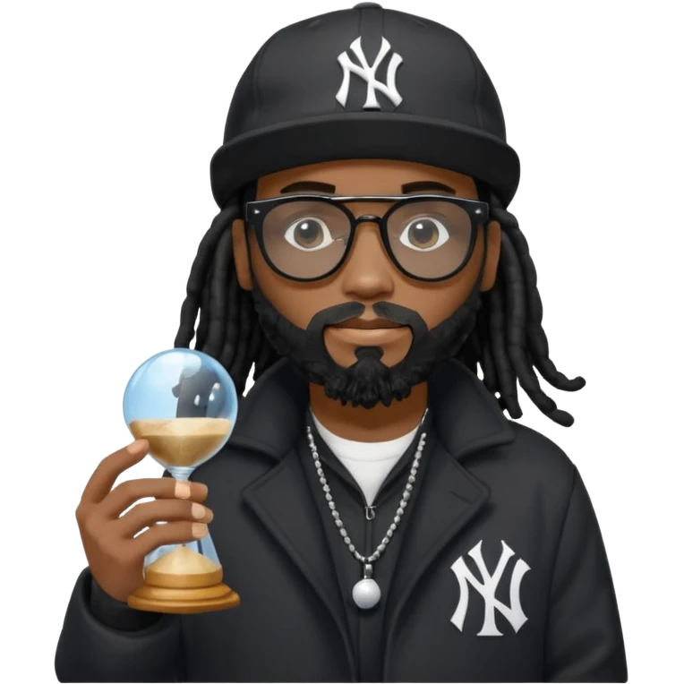 African American Man with shoulder length black dreadlocks with black beard wearing black sunglasses wearing a black bubble winter coat and a New York Yankees logo baseball cap holding a hourglass emoji