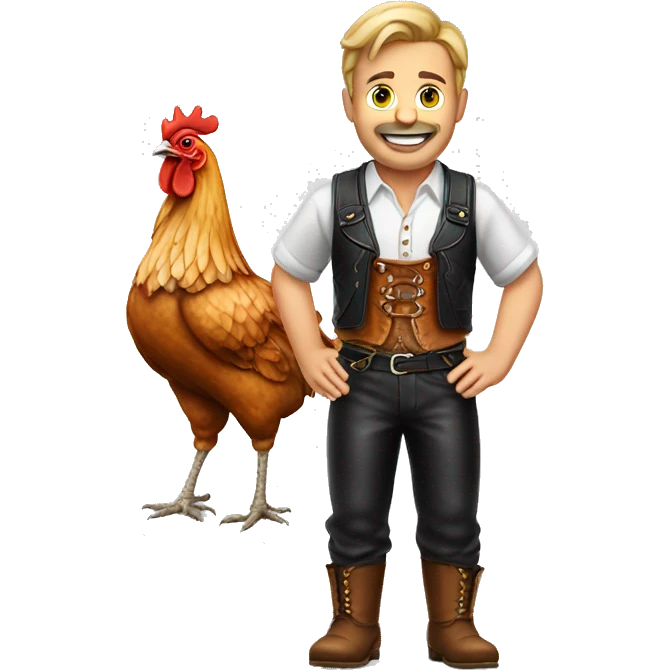 German man wearing Bavaria leather pants with half chicken emoji