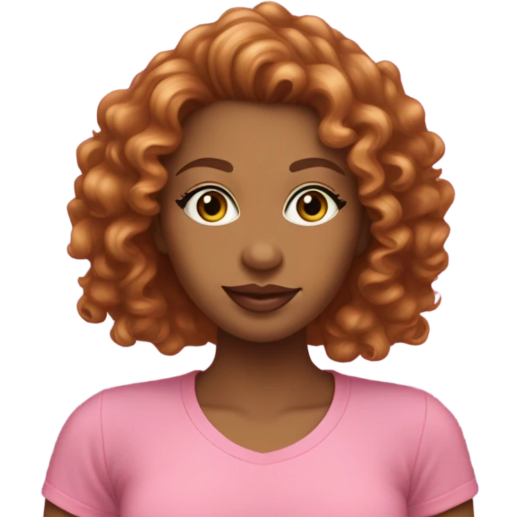 Light brown woman with pink lipstick, eyelashes, small eyes, auburn long curly hair, wearing pink t-shirt with green trim emoji