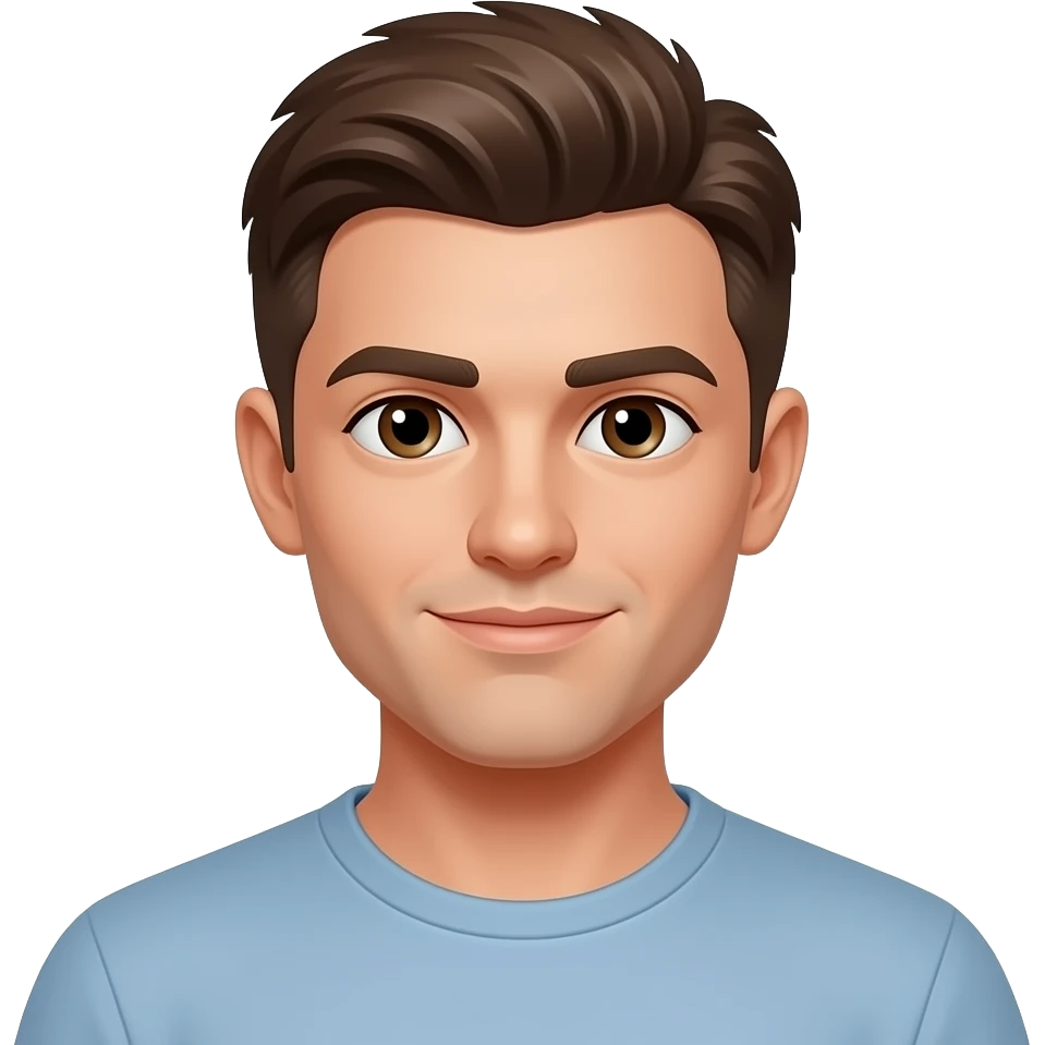 мужчина с коричневыми волосами, но короткой стрижкой и карими глазами emoji