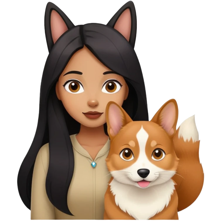 The black long hair girl with a corgi and a Abyssinian cat emoji