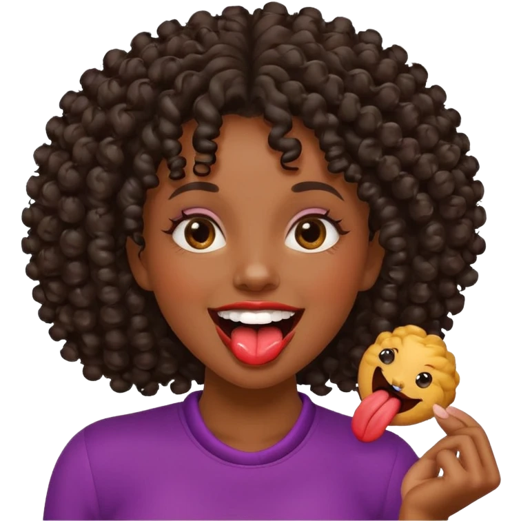 uma mulher negra com cachos com cara de safada mordendo a língua  emoji