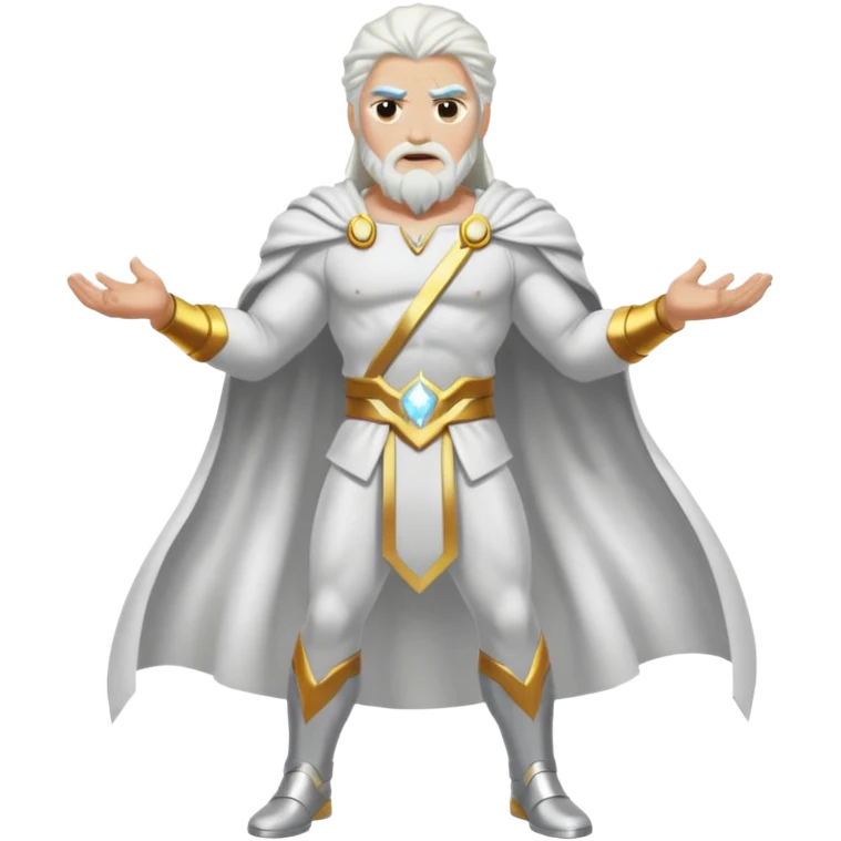 Zeus, whole body, white clothes, long white  hair, lightnings, determined face emoji