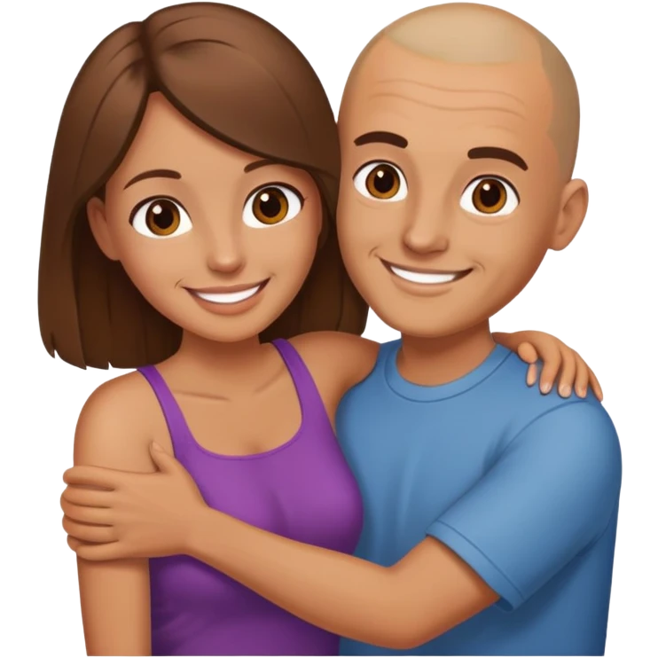 Man with shaved head holding woman with long brown hair emoji