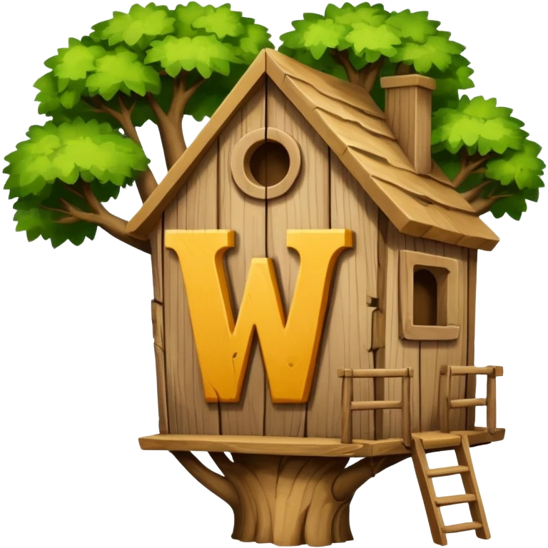 letter W on the side wall of a treehouse in a tree, only the top no trunk emoji