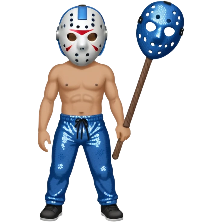 Jason Voorhees with white hockey mask, blue-gray sequin baggy pants, shirtless with necklace emoji