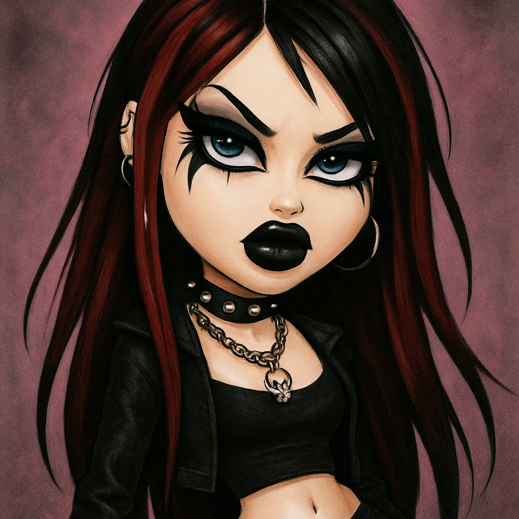 Emo alternative girl in Bratz baddie style: long dark red hair, pale skin, blue eyes, dramatic black eyeliner, pretty and fierce look. emoji