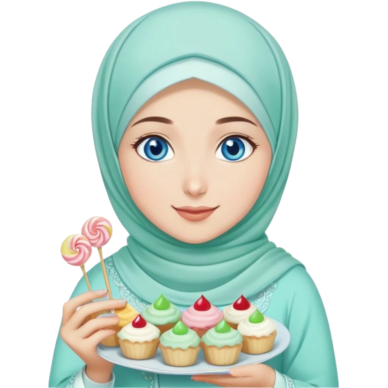 Turkish beautiful finish Konya girl blue eyes with mint hijab islamic dress and had on her hand sweets and celebrating with her friends eid days   emoji