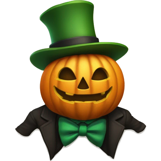 human-like pumpkin, with green arms, brown legs, black tophat, jack o lamtern face with monocle, green bow tie. emoji