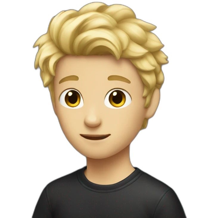 Boy with blonde haie holding a black cat emoji