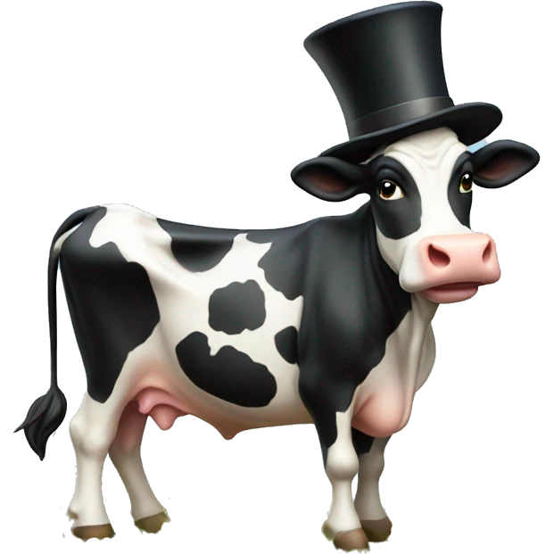 a fresian cow in a field with a tophat emoji