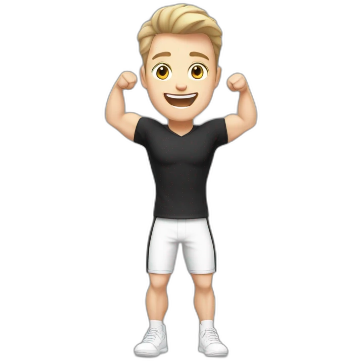 Joyful Celebrating victory Pale skinned Fit Man With the biceps and dark brown hair in black shirt, gray sports shorts and white Sneakers emoji