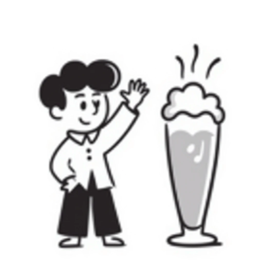 hand-drawn doodle of a beer glass and a friendly waving character, simple and playful emoji
