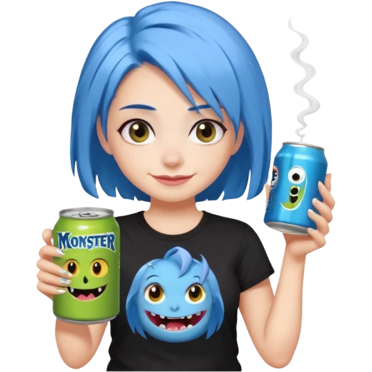 Chibi sticker of a woman with powder blue hair, lower back length, with white eyes hold a can of Monster with a smug smile; cozy cartoon style emoji