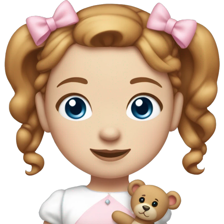 Little Girl with White skin, blue eyes. Light brown and red hair in two ponytails, with light pink bows.  She is wearing a light pink and White dress, standing and holding a teddybear with a pink bow. emoji