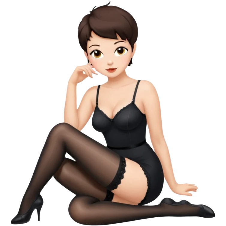 Buxom brunette pixie hair intimate sfw black nylon stocking pose emoji