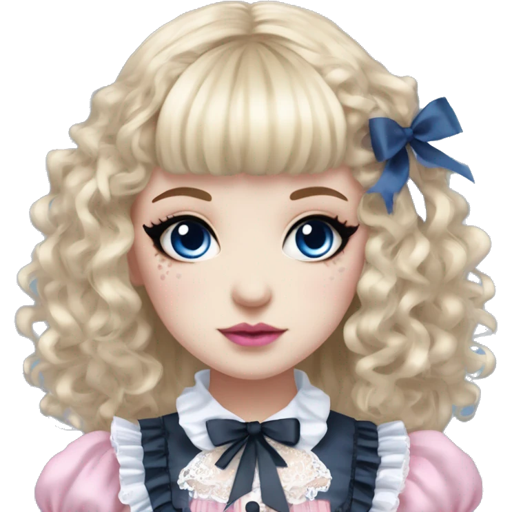pale woman with blonde curly hair and bangs, pink lips and eyeshadow, long eyelashes, blue eyes, blue Lolita dress with laces and ribbons, gothic Lolita doll look emoji