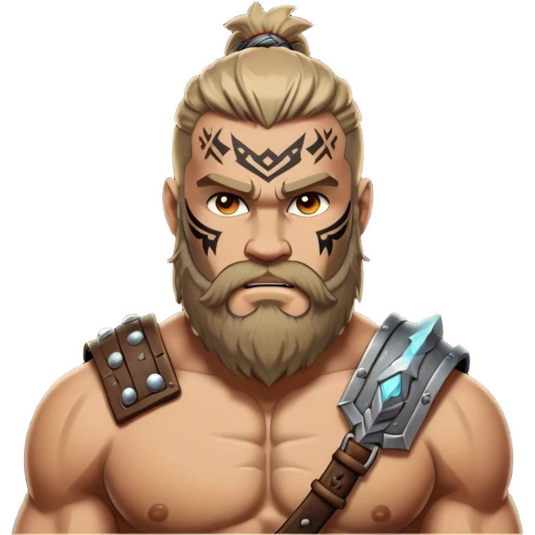 Clash of Clans aesthetic: Cinematic Rugged Barbarian Portrait Emoji, Intense and formidable with a heavily muscled physique, a rugged beard, piercing eyes and battle-worn armor adorned with tribal markings, his complexion a light tan that speaks of hard-fought battles, Simplified yet powerfully detailed features, highly detailed, glowing with a deep, primal energy, high shine, gritty and uncompromising, stylized with an air of raw, untamed power, focused and determined, soft glowing outline, capturing the essence of a barbarian warrior carved by countless battles and poised to lead his clan into epic conflict! emoji