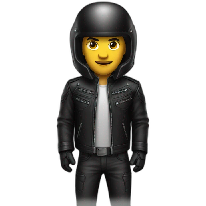 Man in black leather jacket with a dark tinted motorcycle helmet emoji