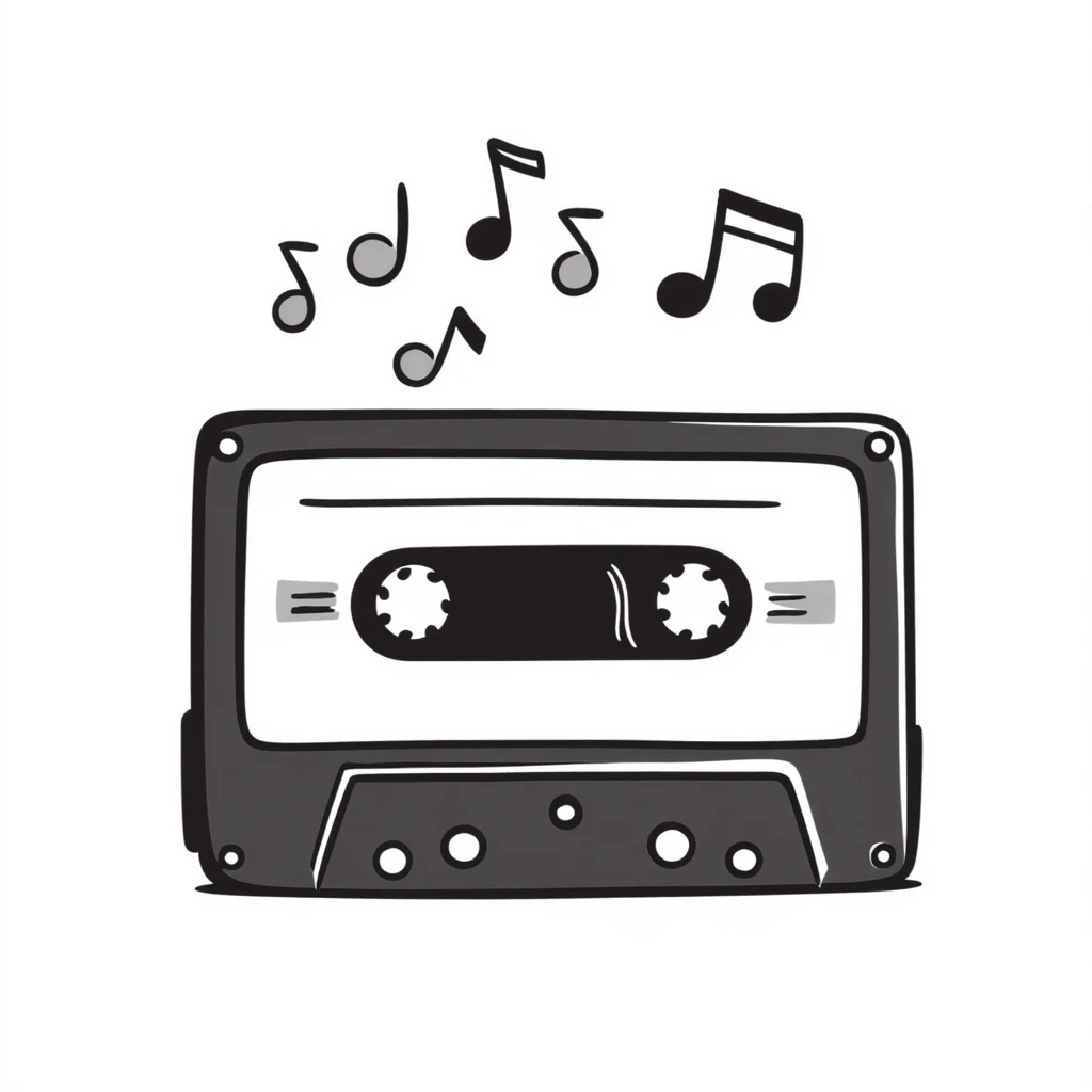 A hand-drawn cassette tape with music notes floating around it emoji