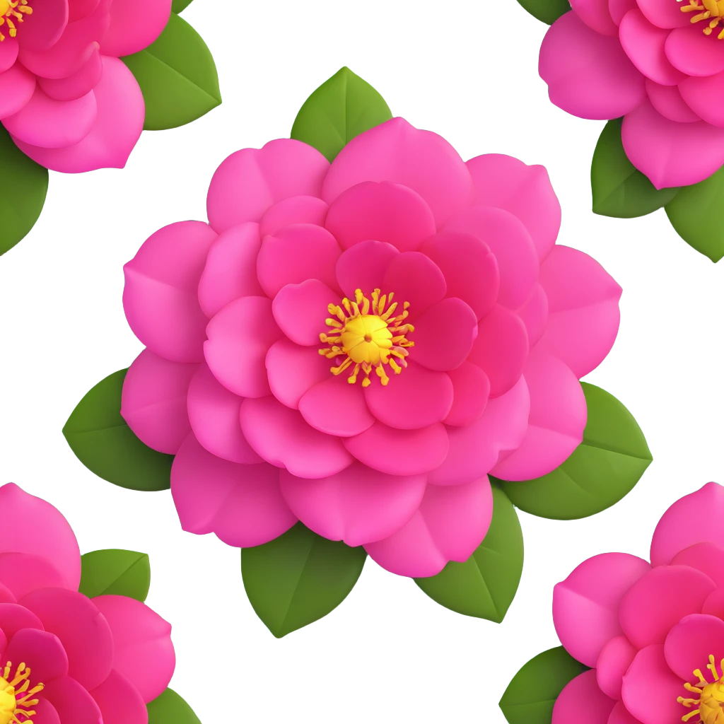 Detailed pink camellia flower with perfectly arranged petals and shiny dark green leaves emoji