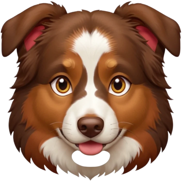 A tri color Australian shepherd with a chocolate brown base coat, red/gold fur on his eyebrows and snout/cheeks, a white chest, and gold eyes emoji