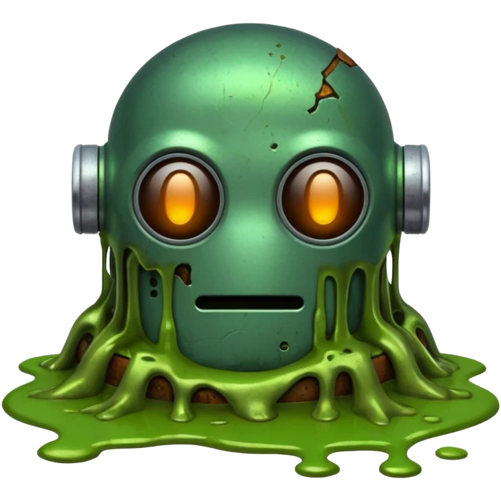 make a tired old melting robot emoji, covered in green sludge, 2d emoji