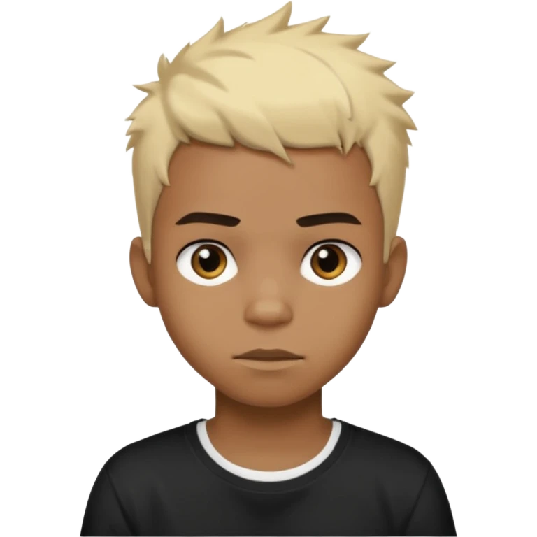 Black Male Teenager with Short punk messy blonde hair, Dark brown bushy eyebrows large expressive golden-brown eyes, wearing a plain white t-shirt, Dark Brown skin color. emoji