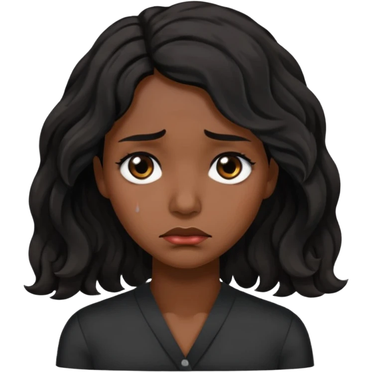 Sad face with tears,  dark brown skin color black women wavy hair shoulder length smaller eyes emoji