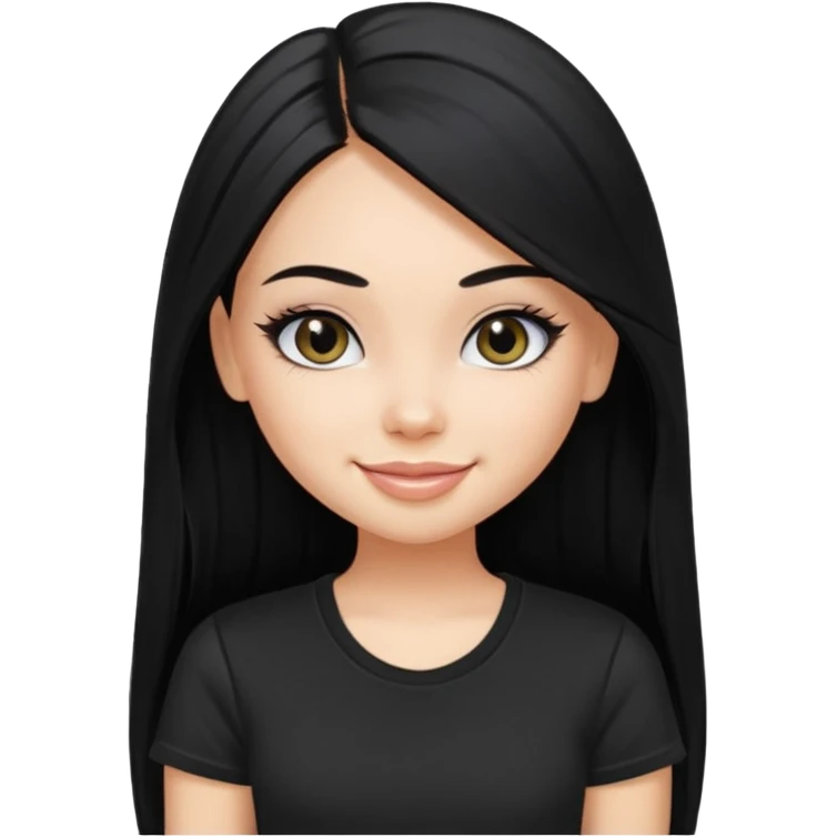 a pretty bratz fair girl with straight long black hair, wearing a black tshirt, smiling, eyeliner on emoji