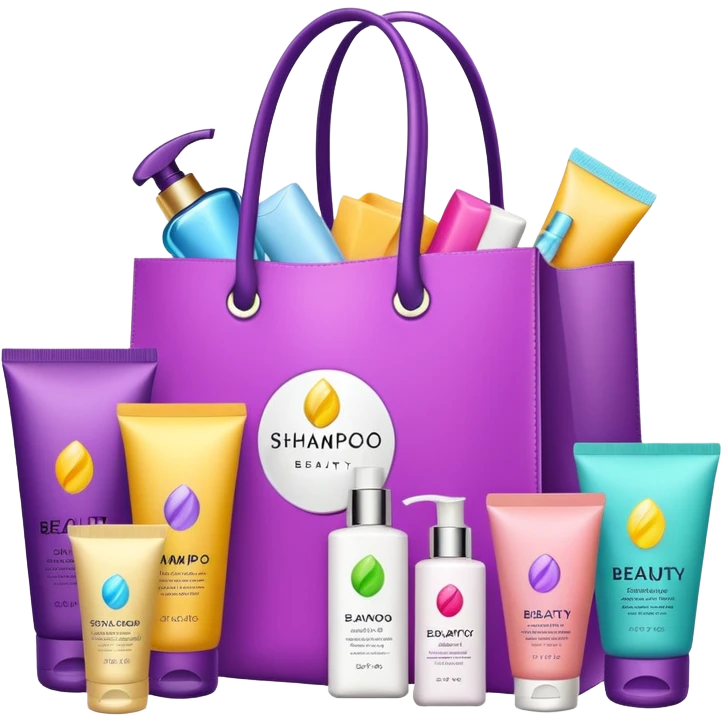 Gift bag with beauty products (shampoo, creams, styling products), a gift bag is beautyful open box full of luxury brand-labeled beauty products emoji