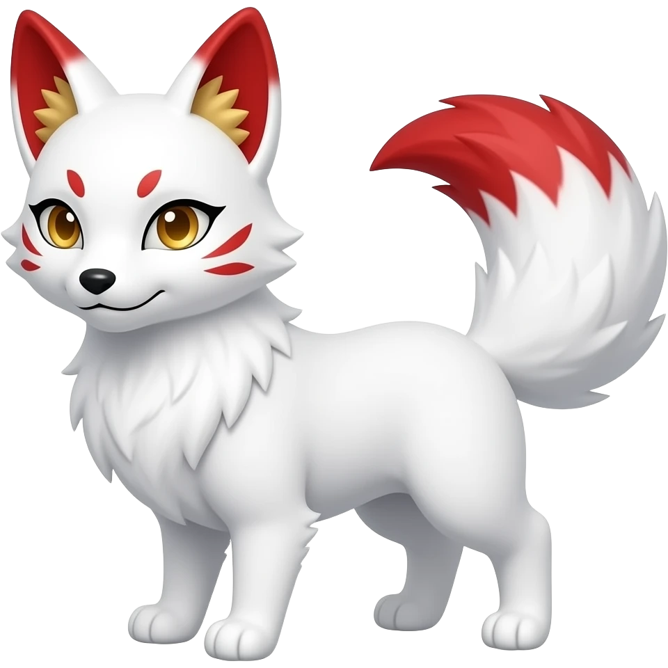 A white one-tailed Kitsune (Fox Form,) with red accents on his face, red and gold inside of his ears and pale golden eyes. Pure white paws, and a red tail tip. emoji
