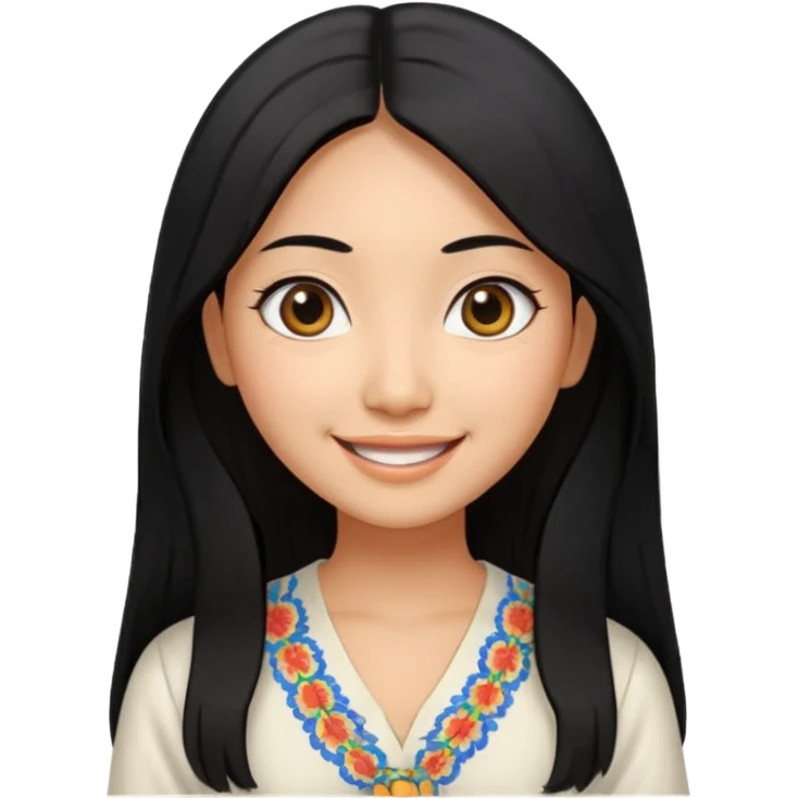 30 yr old asian woman center parted hair big eyes big smile tanned skin straight black hair hippie part hair white blouse emoji