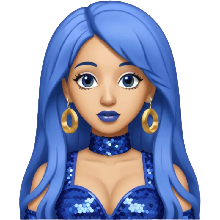 Cardi B with long dark blue hair, light periwinkle sequin outfit emoji