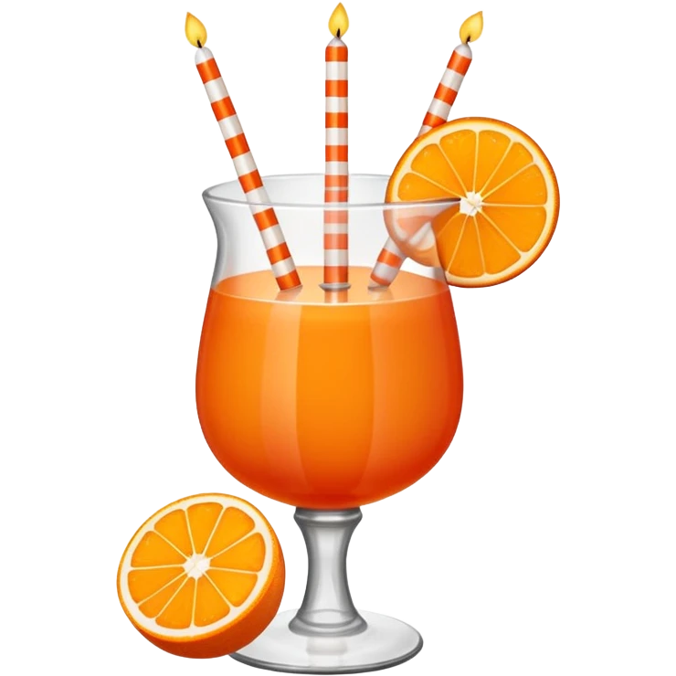 An orange fruit with a horizontal red stripe around the middle. 4 vertical cocktail sticks in the orange with small pieces of candy on the sticks. On top of the orange a small white lit candle. emoji