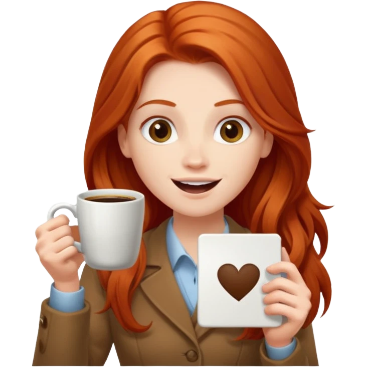 Excited long haired redhead drinking coffee holding sign in front saying GTSY emoji