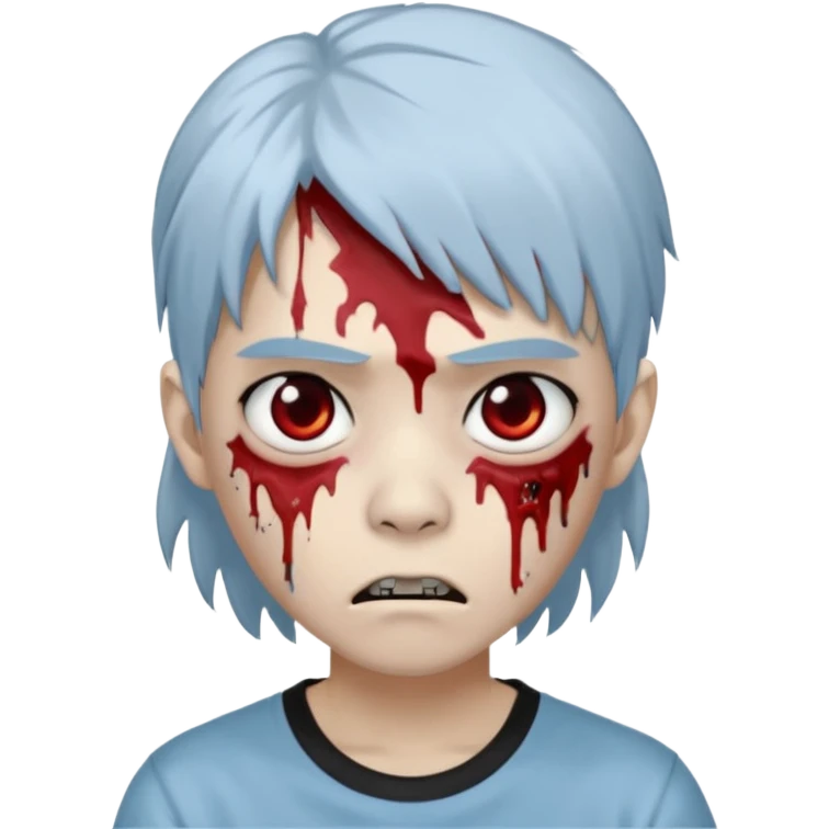 Create a 3D emoji-style avatar with very pale blue-grey zombie skin like the reference image, a young Asian face, and large eyes with blood tears. Give it white mullet-style hair, silver hoop earrings, and a plain black T-shirt. The face expression should be slightly angry emoji