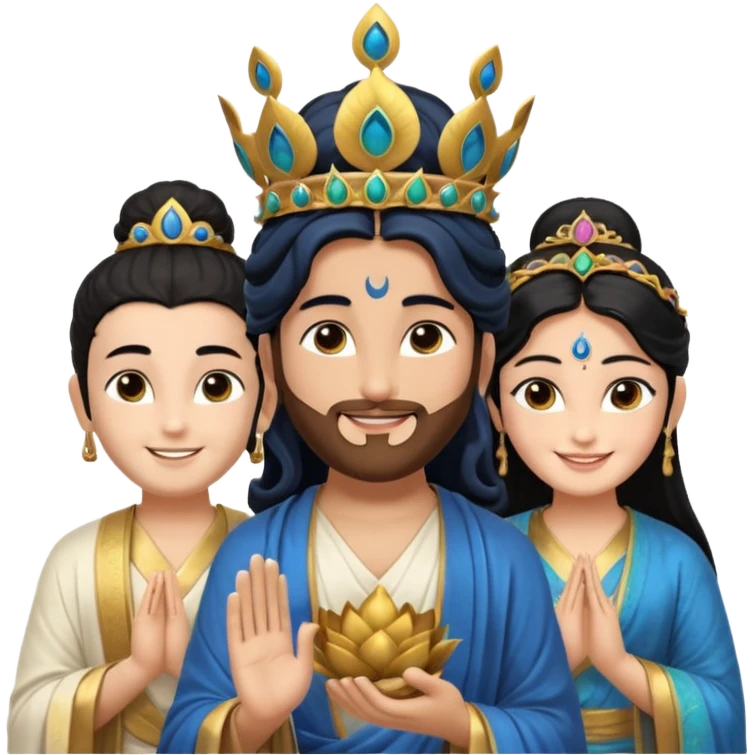 Create a Jesus, Krishna, and Buddha standing together. Buddha: warm golden or light tan skin, dark curled hair with a traditional top bun (ushnisha), half-closed meditative eyes

 emoji
