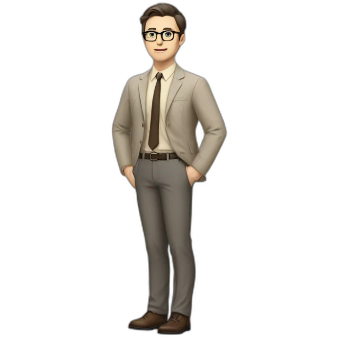 Full height Actively Gesturing Pale skinned fit man with dark brown hair in gray jacket, beige office shirt, brown tie, brown pants and vintage glasses. emoji