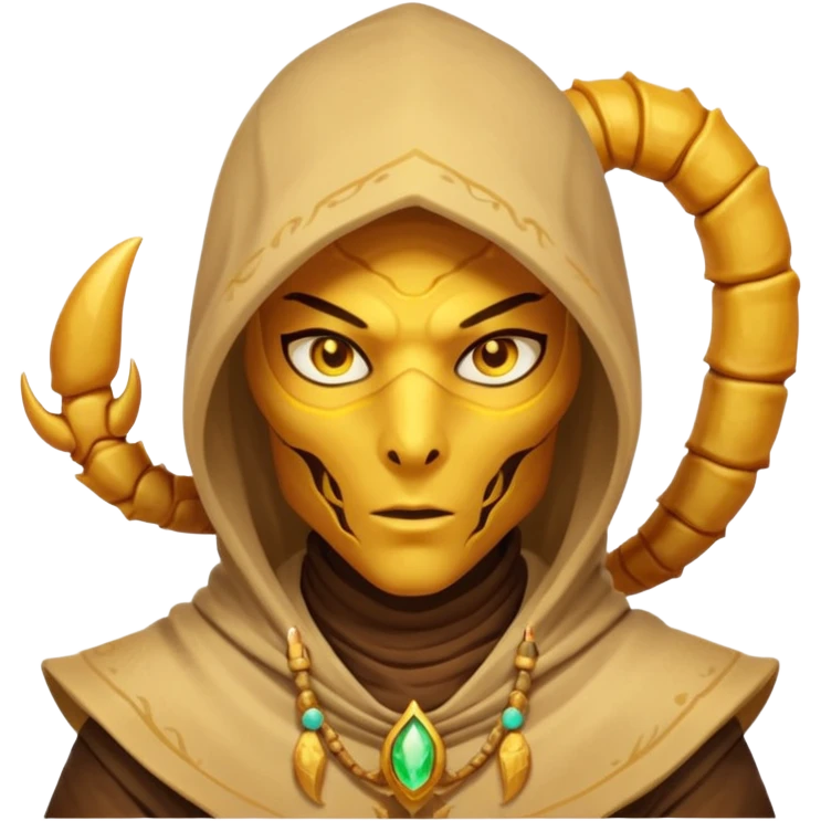 desert sand mage portrait, head and shoulders only, scorpion-themed hood, golden desert jewelry, swirling sand aura, glowing eyes, fantasy vibe, 3D cartoon, mobile game icon style, clean background, no text, no watermark
 emoji