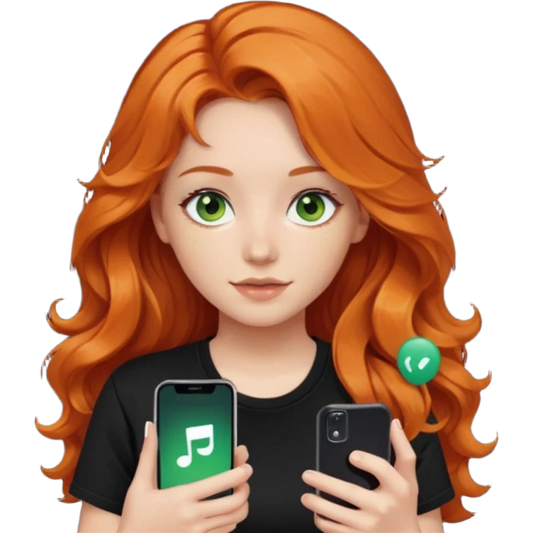 Girl with dark long orange wavy hair, green eyes, and black t-shirt and phone with tiktok app on hand emoji