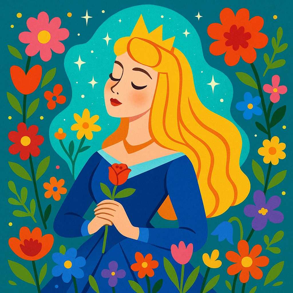Sleeping Beauty in a whimsical fantasy style, surrounded by flowers, magical aura, delicate features emoji