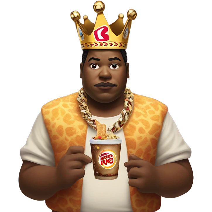 solo portrait with jewelry, but wearing a Burger King crown, smoking a cigarette, and a sumo wrestler eating Mayo in the background emoji
