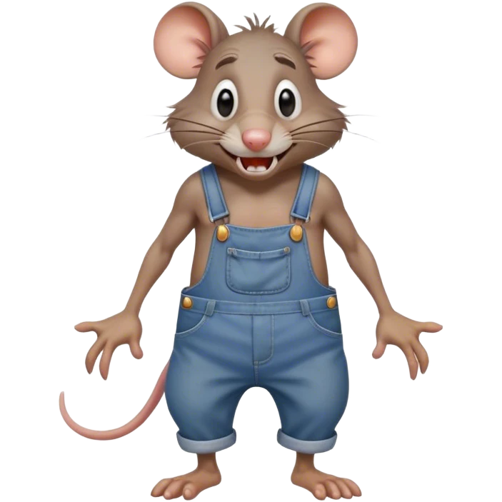 unhappy disheveled dizzy cartoon hillbilly rat wearing overalls no shirt. standing and talking full body. human eyes. teeth showing talking. walking talking moving arms. reacting upset emoji
