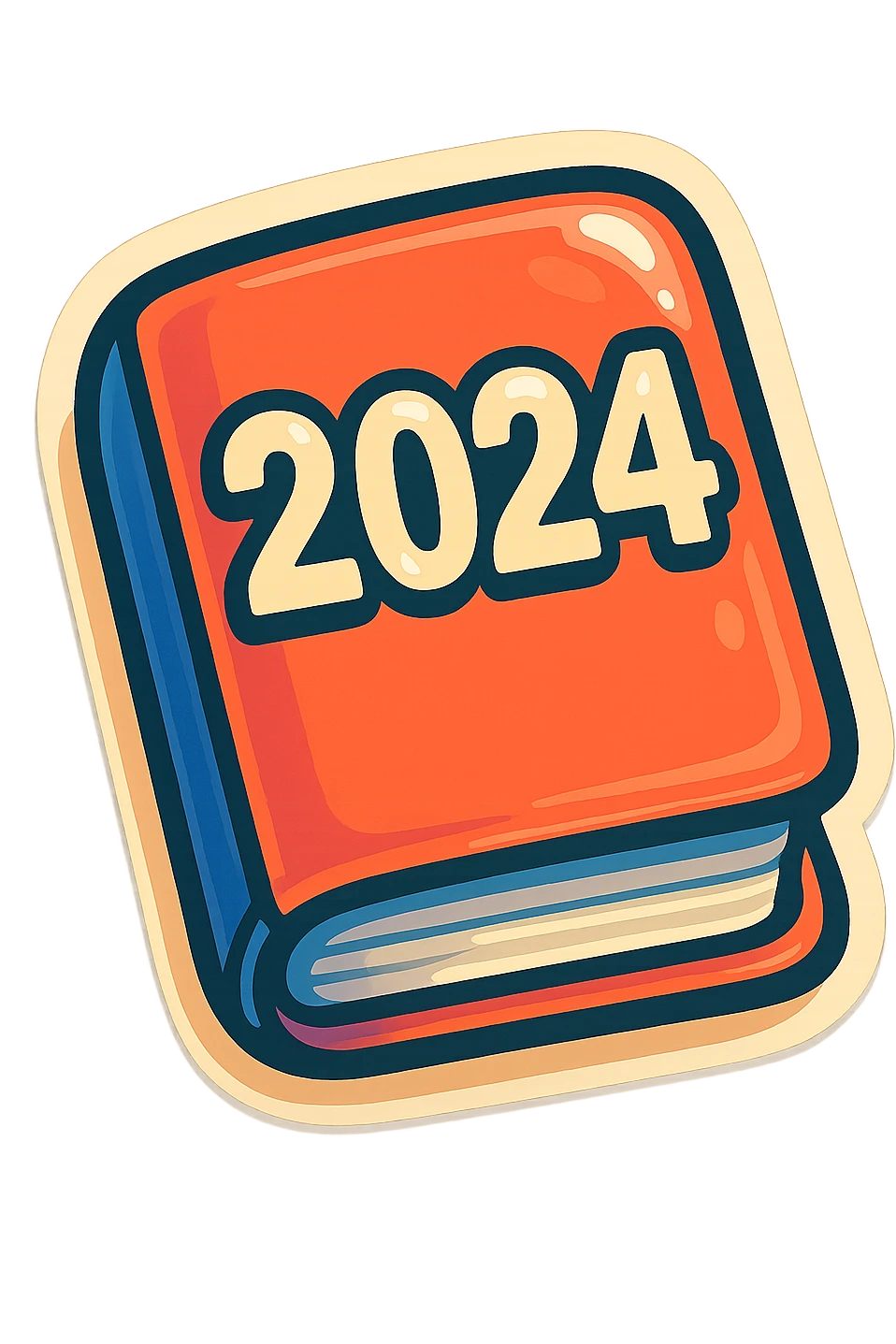 retro sticker-style image of a small pocket calendar closed, with a visible year on the cover, bold outlines, juicy colors, expressive shadows and highlights, playful and glossy look emoji