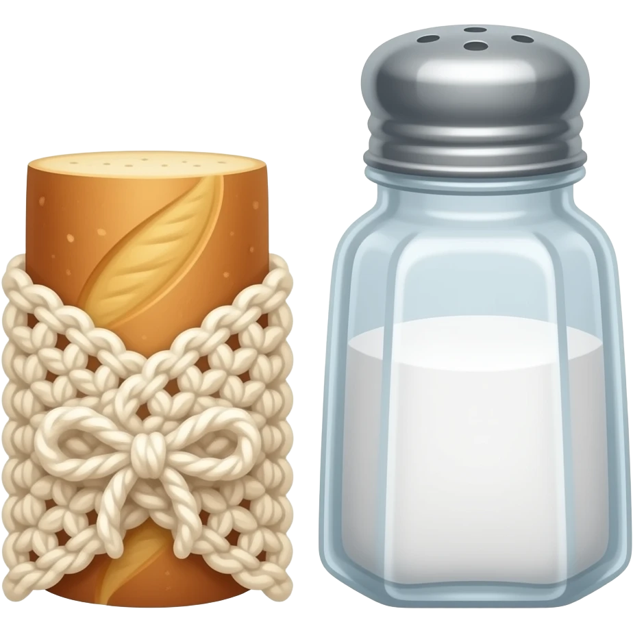 a small sliced ​​peasant bread wrapped in crocheted fabric, next to which stands a large glass salt shaker emoji