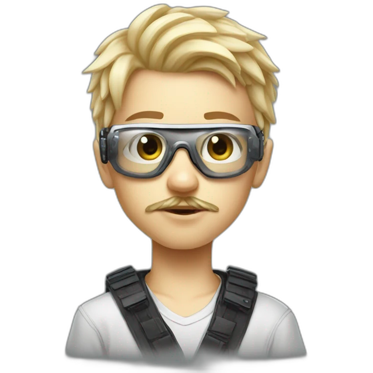 a young boy with short blonde hair with transparent white glasses and a little mostache, he is a futuristic cyberpunk hacker  emoji