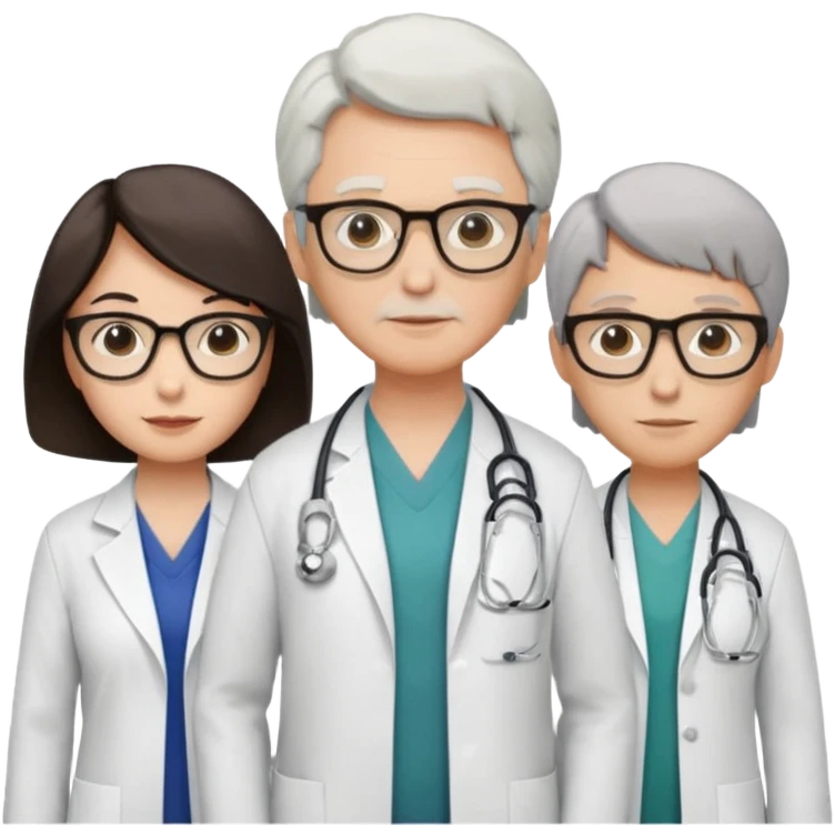 Four doctors standing together:

a female doctor with dark-colored short bob hair,

a young male doctor,

an older male doctor with white hair wearing glasses,

and a female doctor wearing glasses. emoji